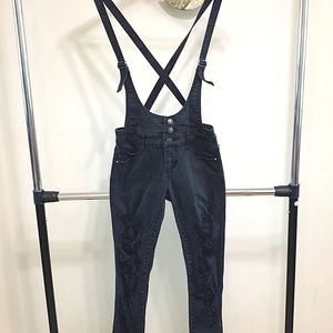 ☠️☠️ Royal Bones Charcoal Ripped Distressed Suspender Jeans w Skull Buttons 27 ☠